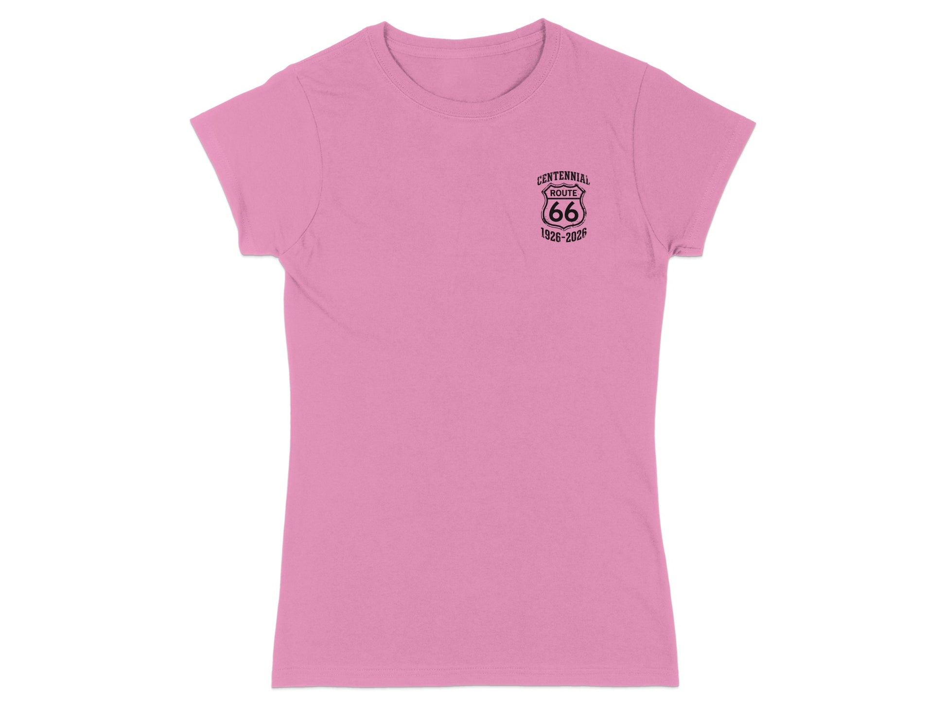 Pink t-shirt with Route 66 Centennial logo on the chest.