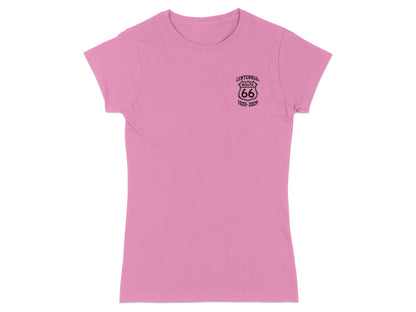 Pink t-shirt with Route 66 Centennial logo on the chest.