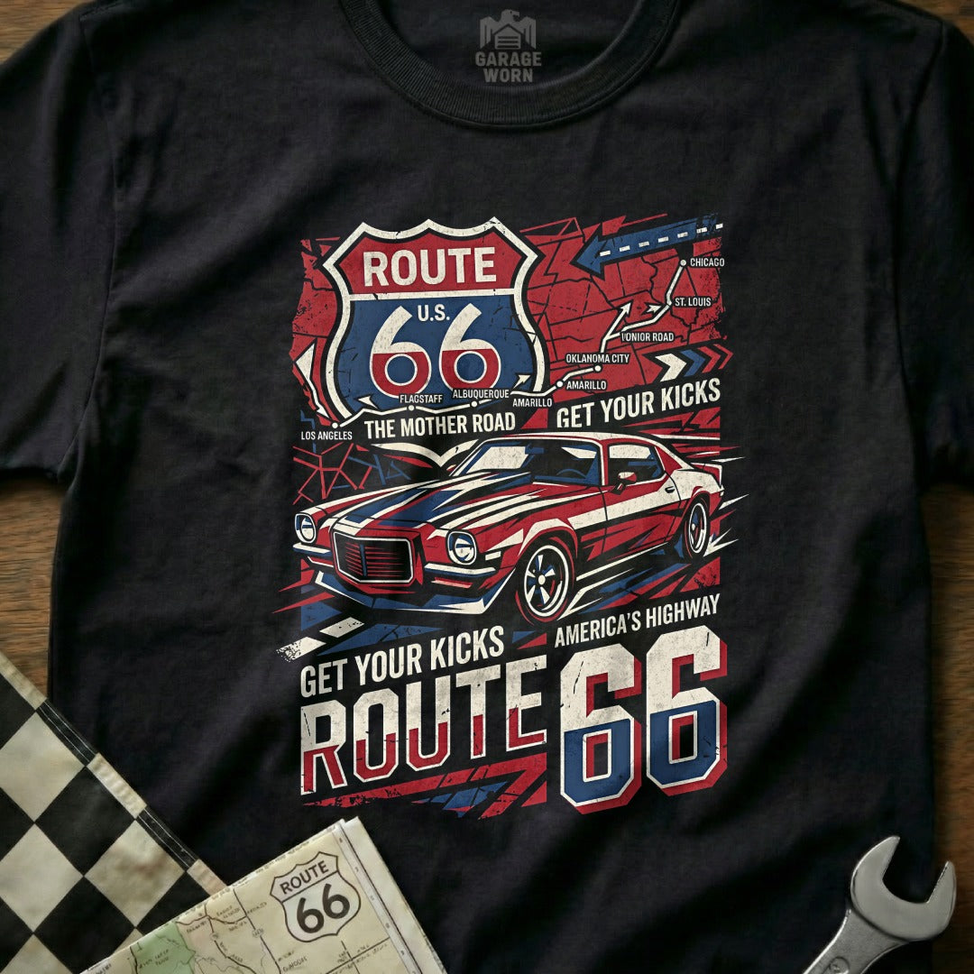 T-shirt with Route 66 graphic, classic car, and map.