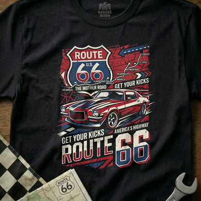 T-shirt with Route 66 graphic, classic car, and map.