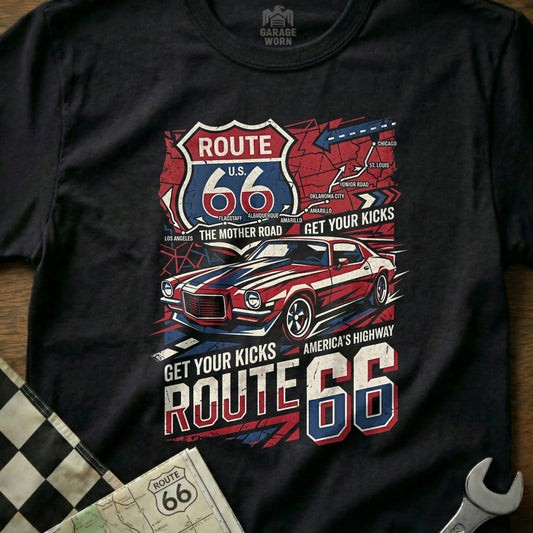 T-shirt with Route 66 graphic, classic car, and map.