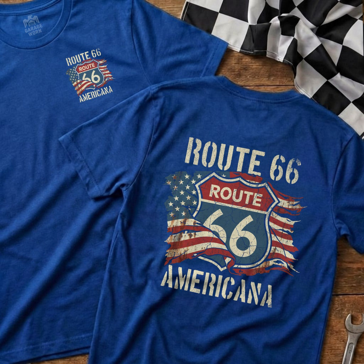 Blue t-shirt featuring distressed Route 66 Americana graphic on back.