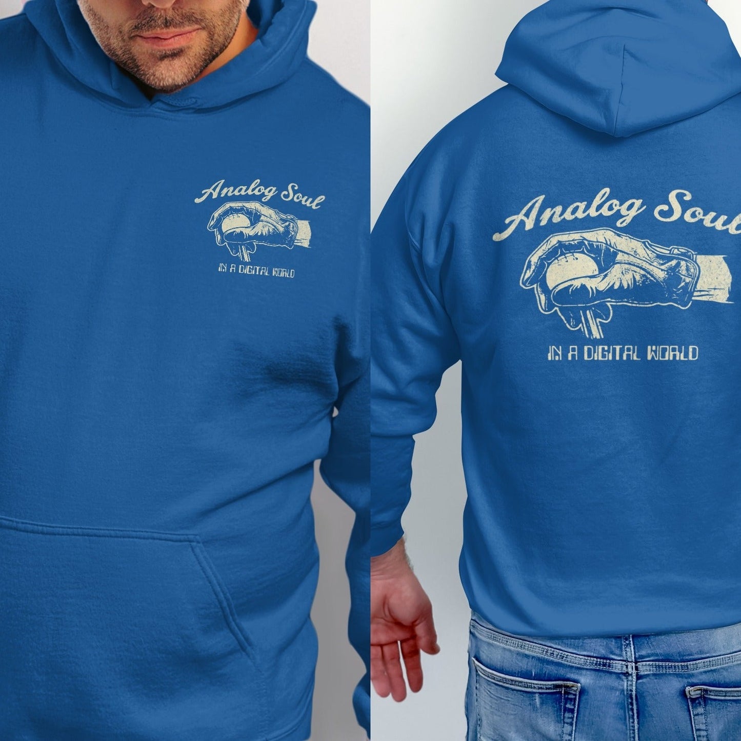 Royal blue hoodie with "Analog Soul In A Digital World" text and hand graphic.