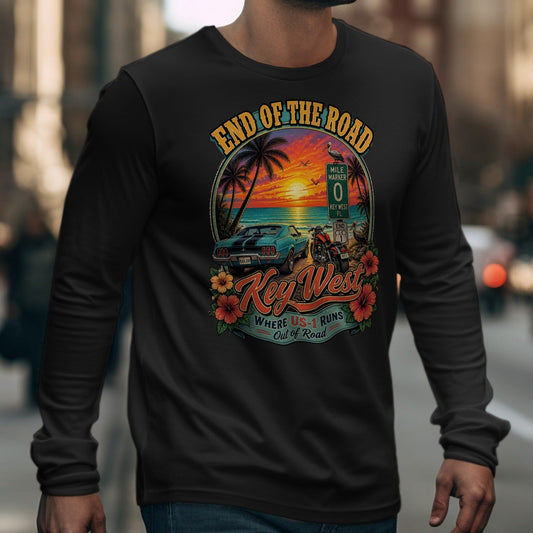 Long sleeve shirt with Key West "End of the Road" graphic featuring sunset, car, and motorcycle.