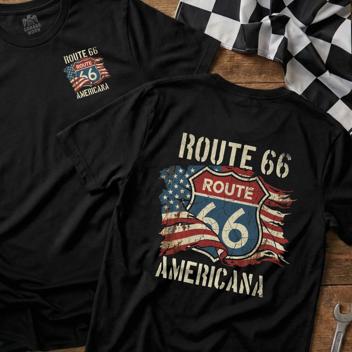 Black t-shirt featuring distressed Route 66 Americana logo with US flag.