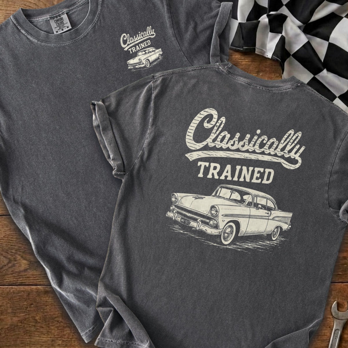Dark grey t-shirt with distressed graphic of a vintage car and "Classically TRAINED" text.