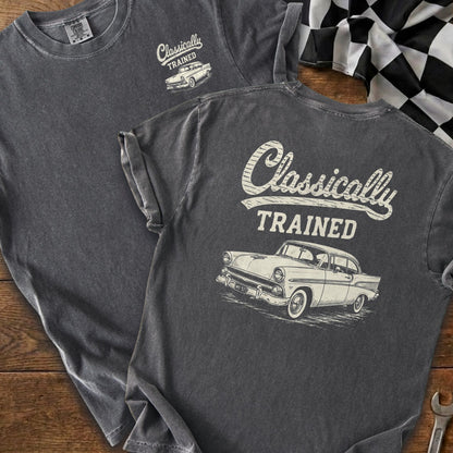Dark grey t-shirt with distressed graphic of a vintage car and "Classically TRAINED" text.