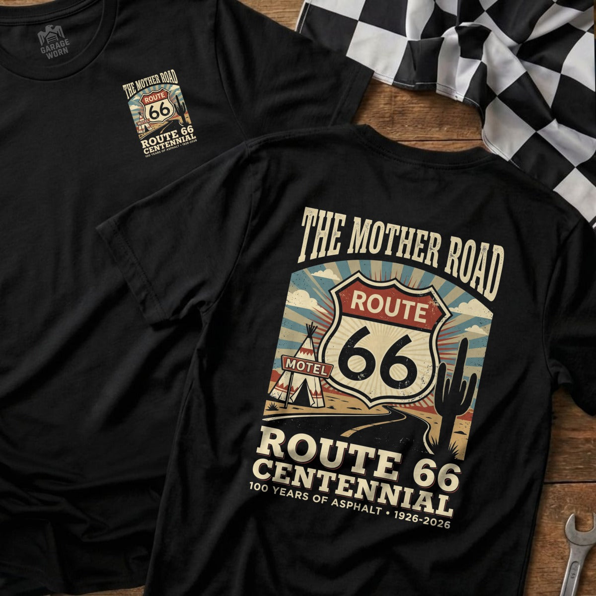 Black t-shirt with Route 66 Centennial graphic and text.