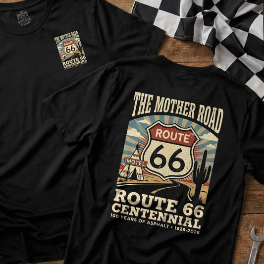 Black t-shirt with Route 66 Centennial graphic and text.