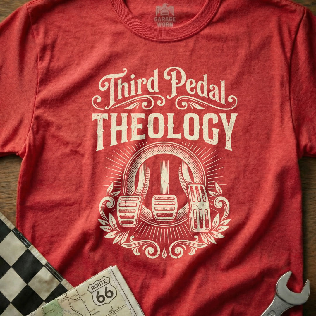 Red t-shirt with "Third Pedal Theology" and car pedals graphic.