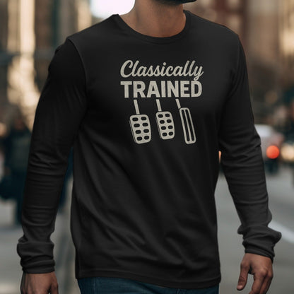 Black long-sleeve shirt with "Classically TRAINED" and three pedals graphic.