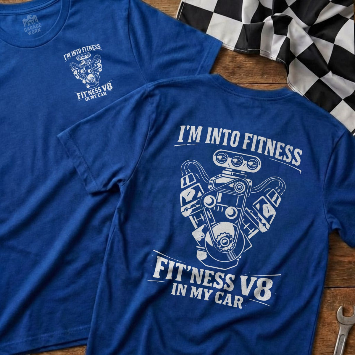 Blue t-shirts with a V8 engine graphic and "I'm Into Fitness" text.