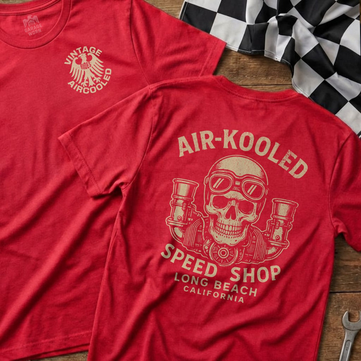 Red t-shirt with "Air-Kooled Speed Shop" and skull graphic.
