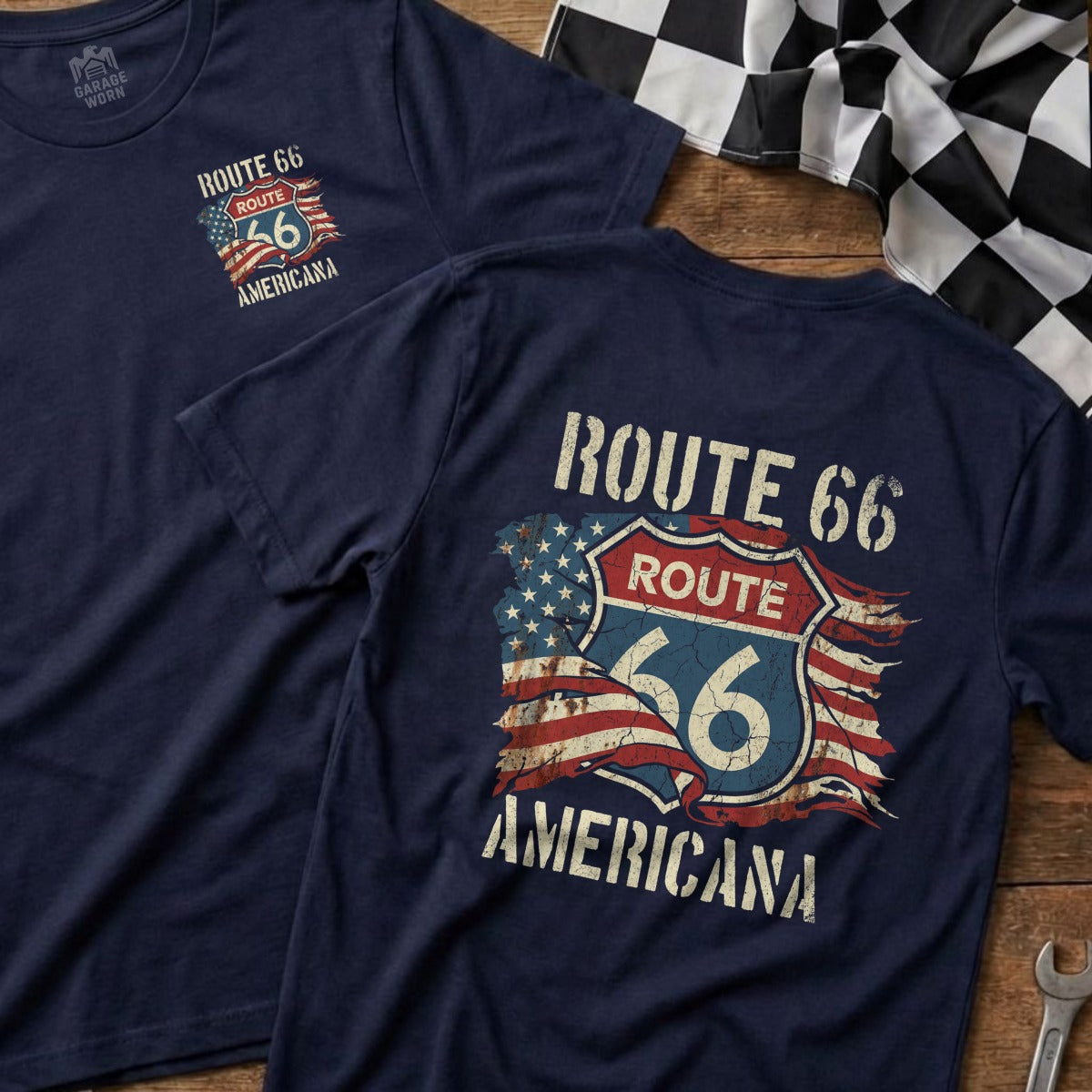 Navy t-shirt featuring Route 66 Americana logo with distressed American flag.