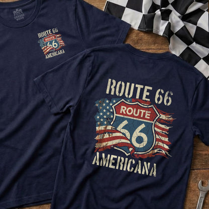 Navy t-shirt featuring Route 66 Americana logo with distressed American flag.