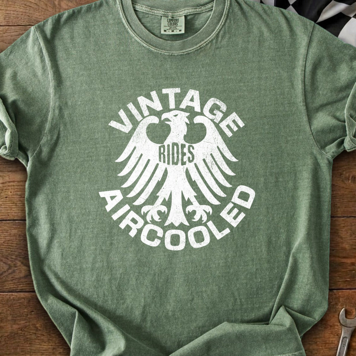 Green t-shirt with white graphic of eagle and text "VINTAGE RIDES AIRCOOLED".