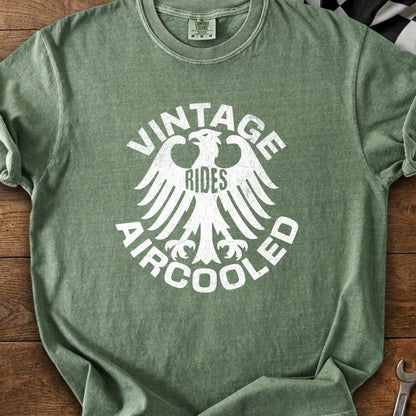 Green t-shirt with white graphic of eagle and text "VINTAGE RIDES AIRCOOLED".