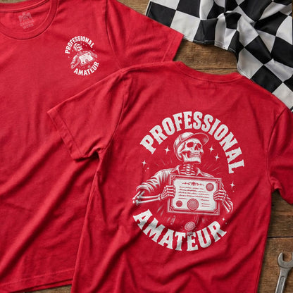 Red t-shirt with a white graphic of a skeleton holding a certificate, labeled "Professional Amateur".
