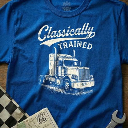Blue t-shirt with graphic of a semi-truck and text "Classically TRAINED".
