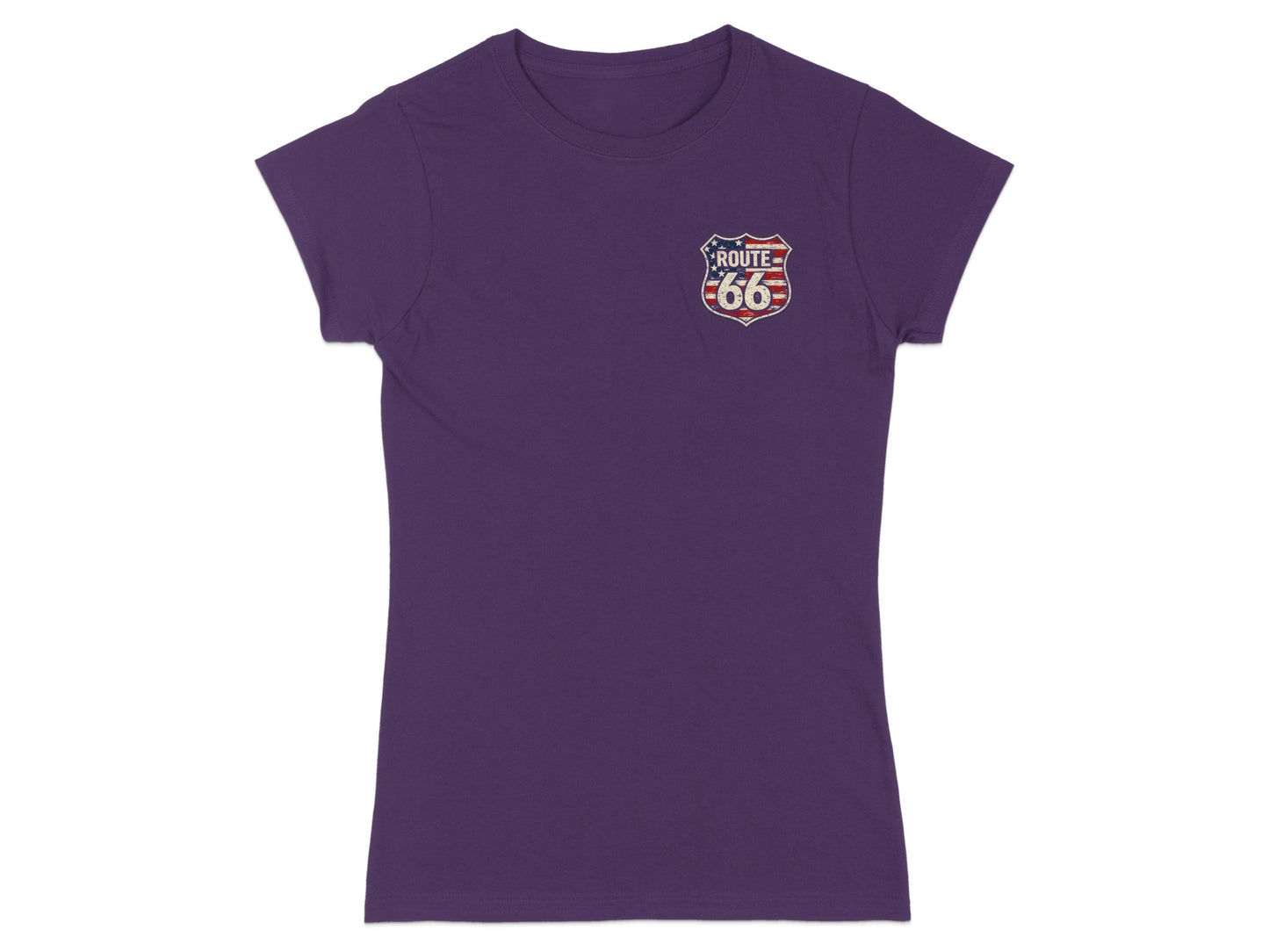 Purple t-shirt with Route 66 shield logo featuring American flag.