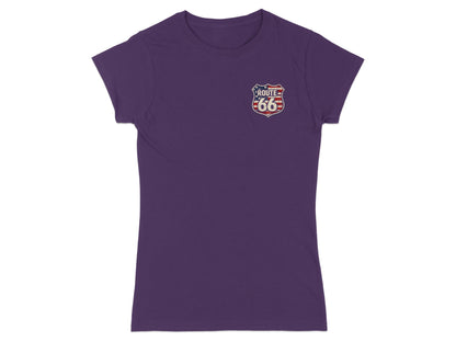 Purple t-shirt with Route 66 shield logo featuring American flag.