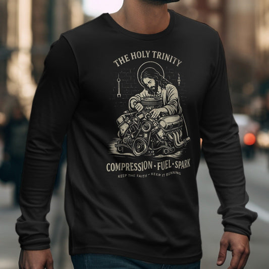 Black long sleeve t-shirt with a graphic of Jesus working on an engine.