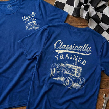 Blue t-shirt with "Classically Trained" text and a vintage tractor graphic.