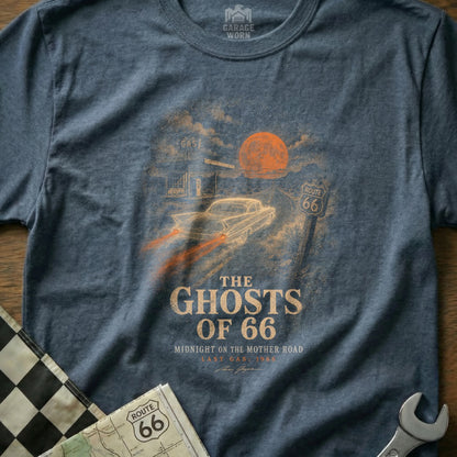 T-shirt graphic: classic car, Route 66 sign, full moon, "The Ghosts of 66".