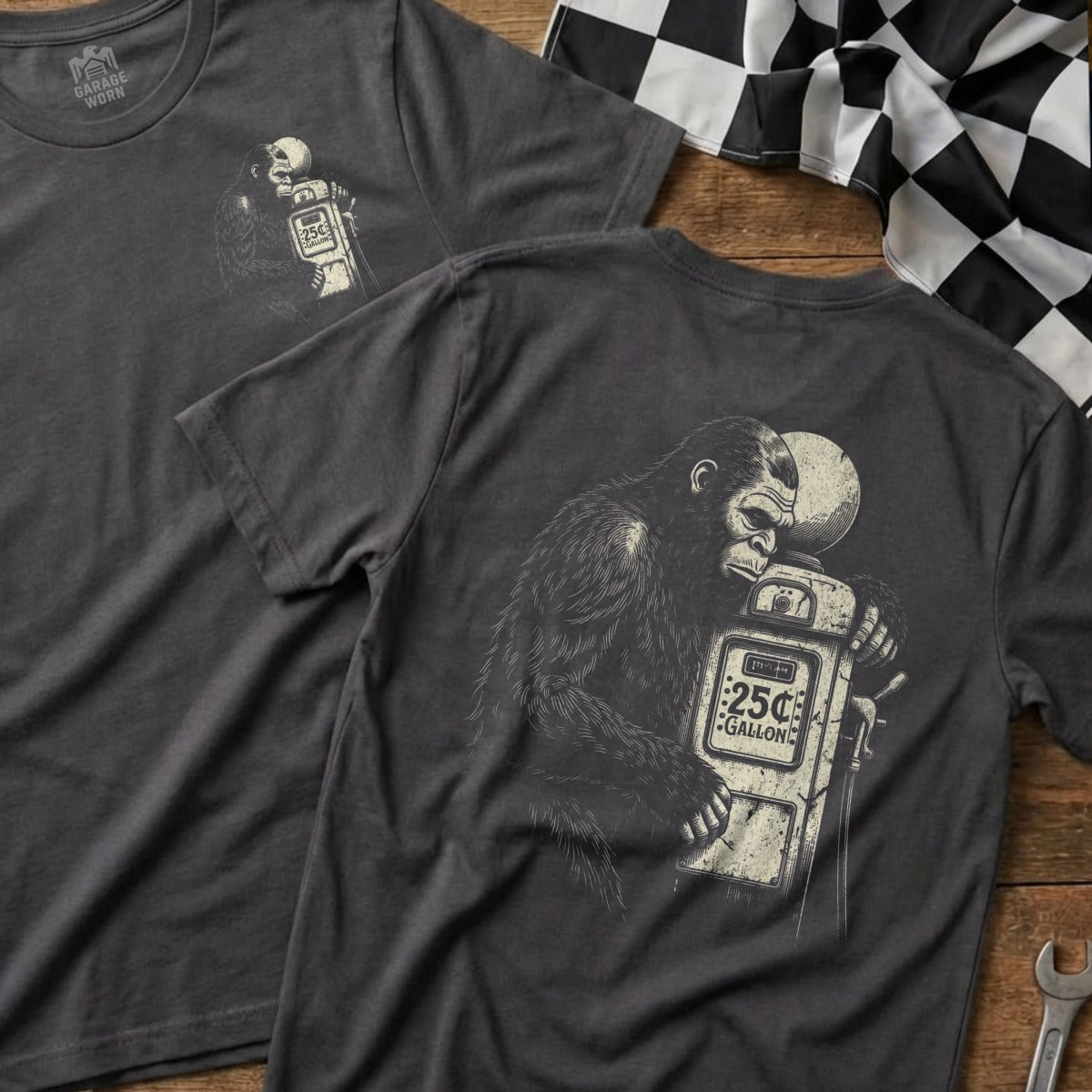 Monkey at gas pump graphic on dark t-shirt with checkered flag.