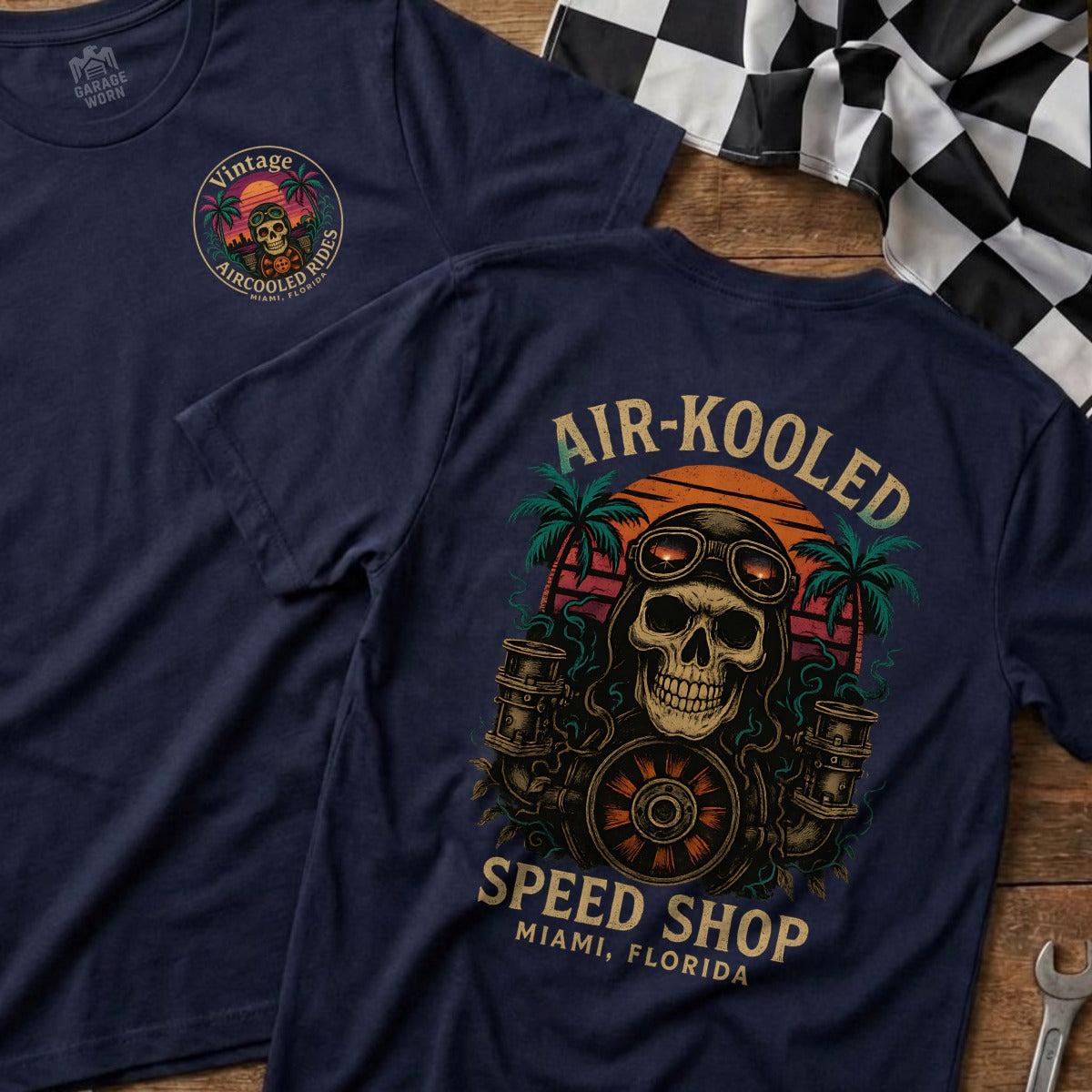 Navy t-shirt with "Air-Kooled Speed Shop Miami, Florida" and skull graphic.