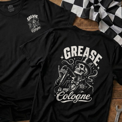 Black t-shirt with skeleton spraying "Grease is my Cologne" with checkered flag.