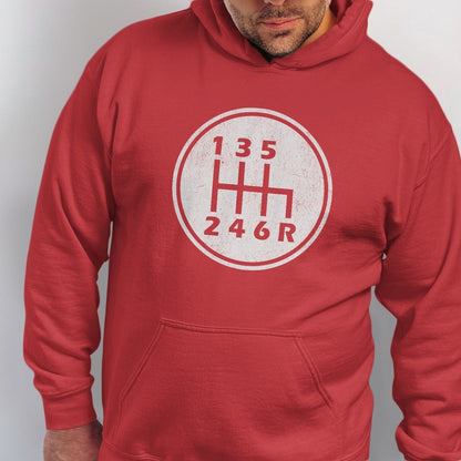 Red hoodie with a circular graphic of a manual transmission shift pattern.