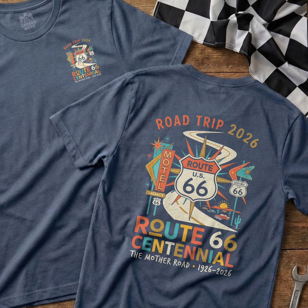 Route 66 Centennial shirts, one with front graphic, one with back graphic.