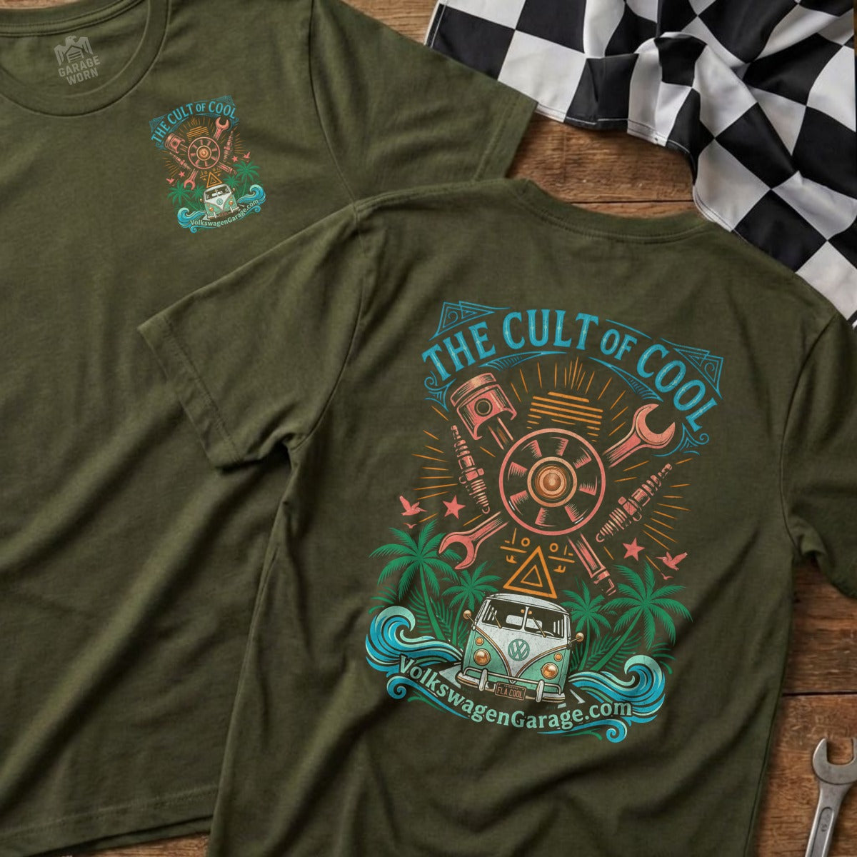 Green t-shirts with "The Cult of Cool" graphic and Volkswagen van illustration.