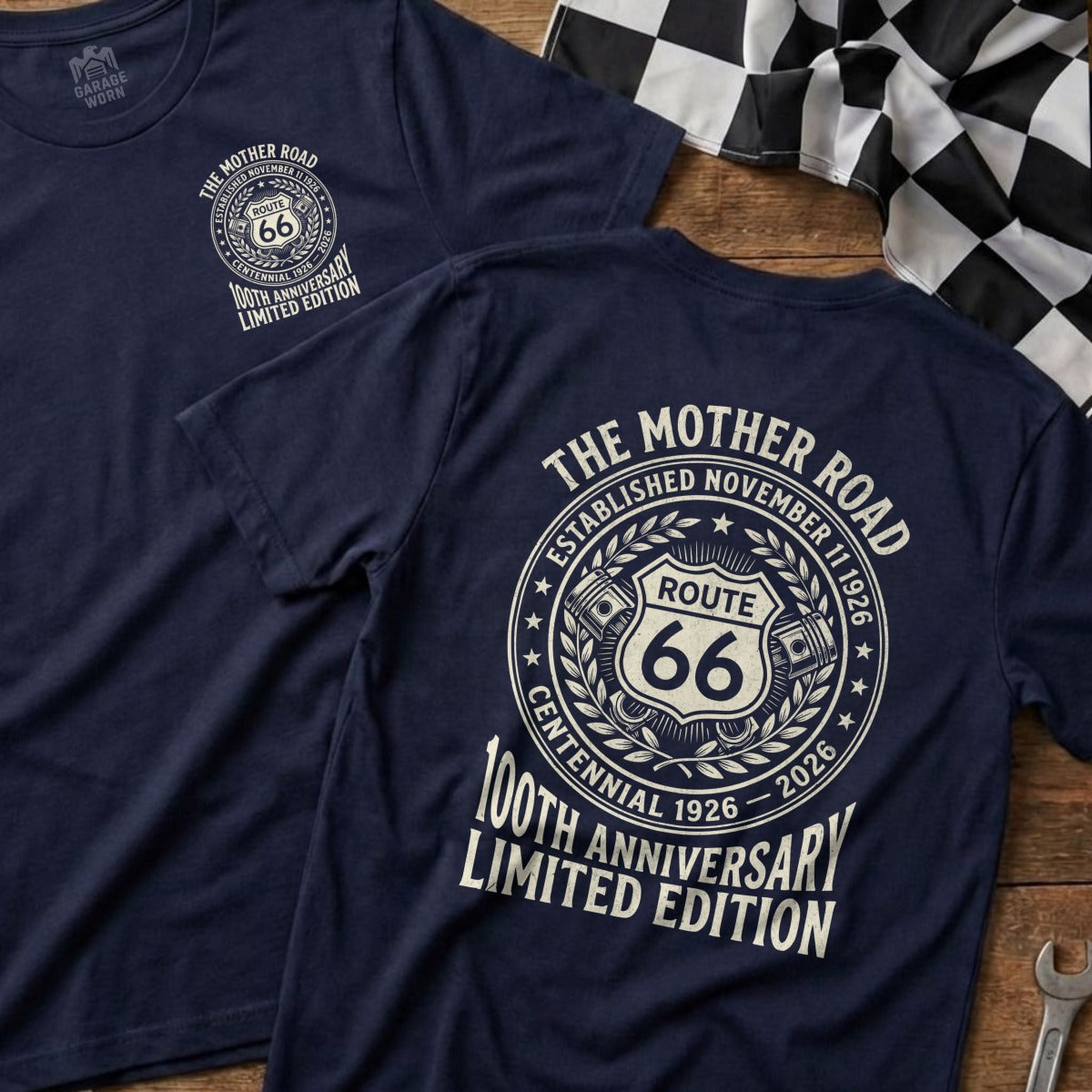 Navy t-shirt with Route 66 100th Anniversary Centenial logo.