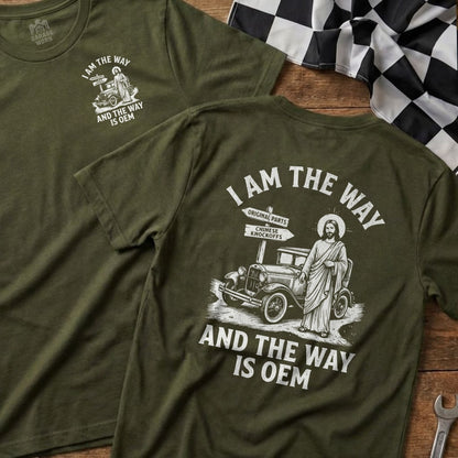 T-shirt with Jesus and vintage car illustration, text "I AM THE WAY AND THE WAY IS OEM".