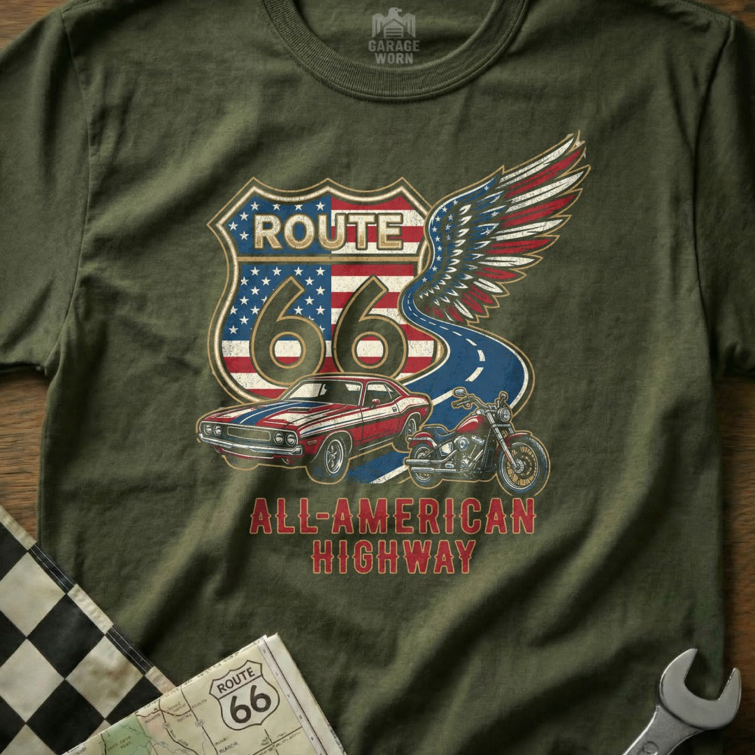 T-shirt with Route 66 shield, classic car, motorcycle, and American flag wings.