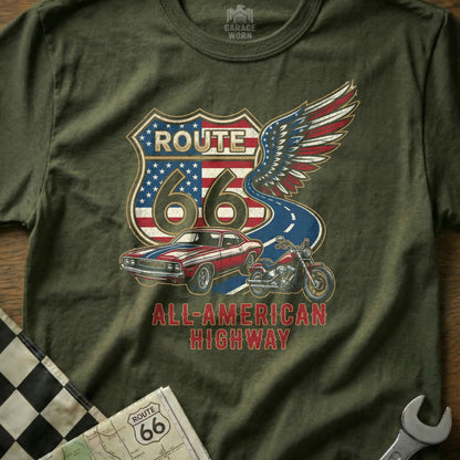T-shirt with Route 66 shield, classic car, motorcycle, and American flag wings.