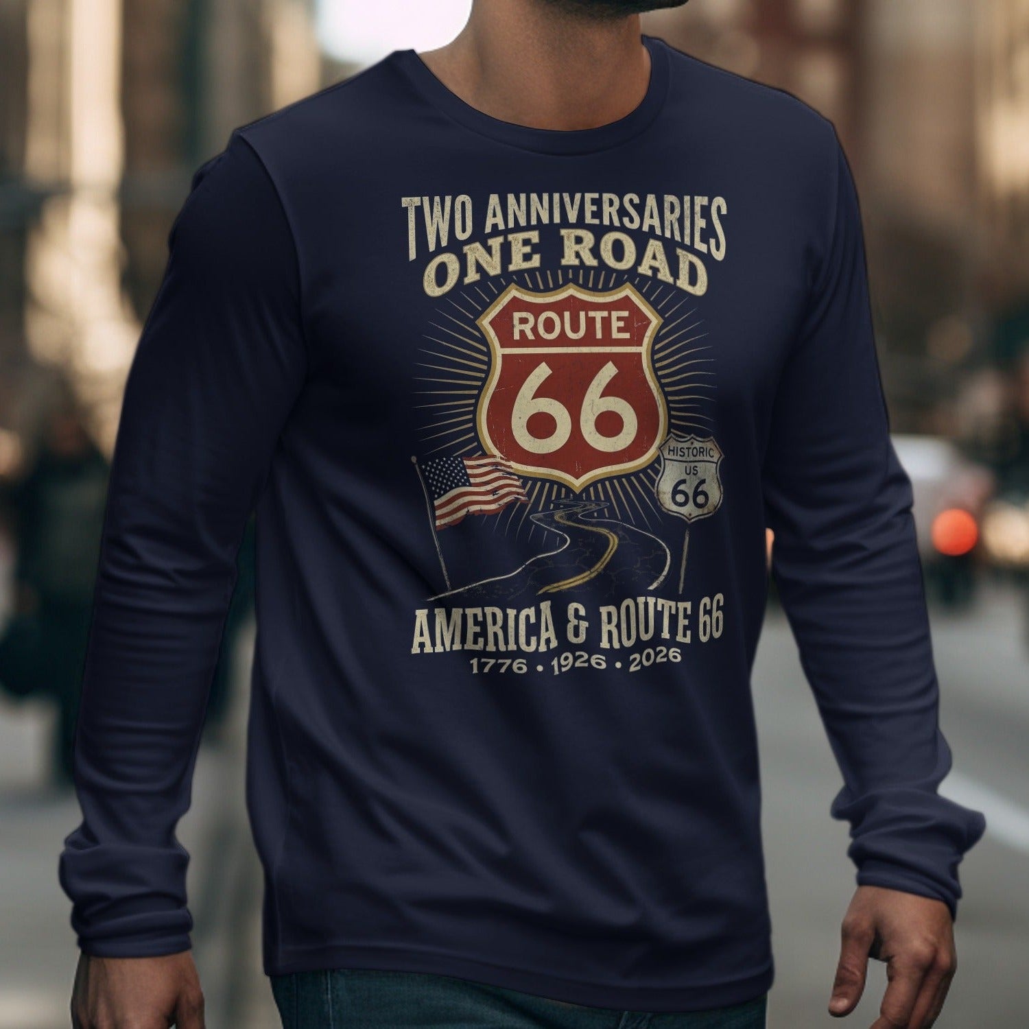 Long sleeve shirt with "Two Anniversaries, One Road Route 66" graphic.