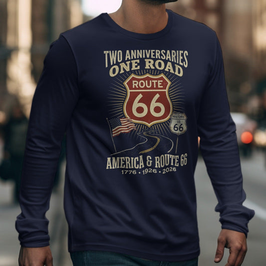 Long sleeve shirt with "Two Anniversaries, One Road Route 66" graphic.