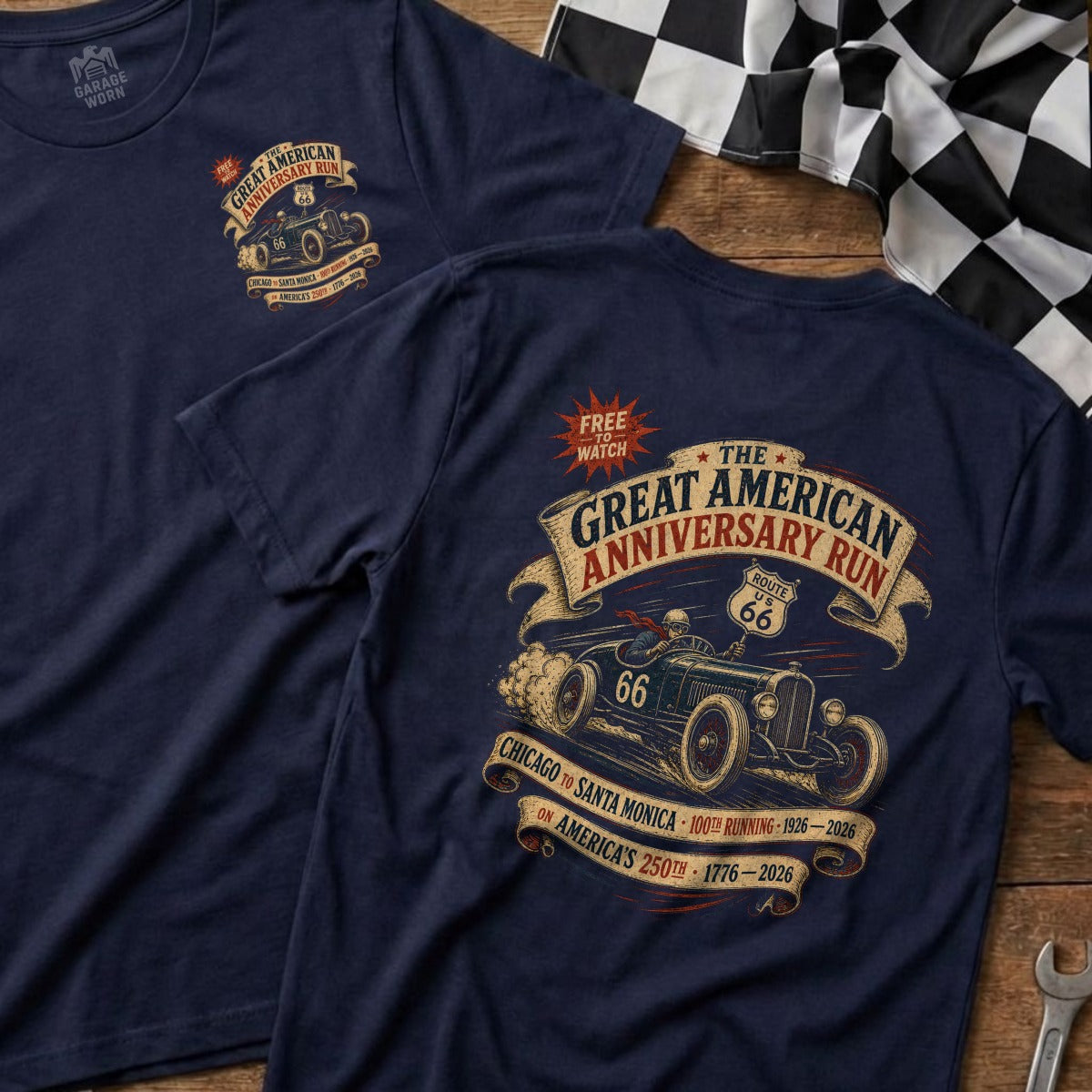 Navy t-shirt with vintage car, Route 66 graphic, and anniversary run text.