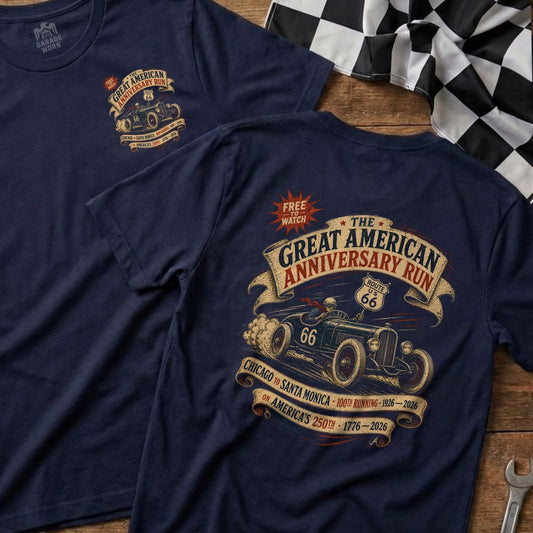 Navy t-shirt with vintage car, Route 66 graphic, and anniversary run text.