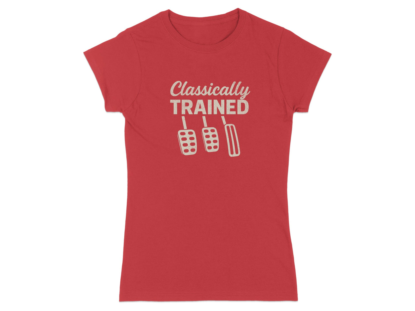 Red t-shirt with "Classically Trained" and pedal graphic.