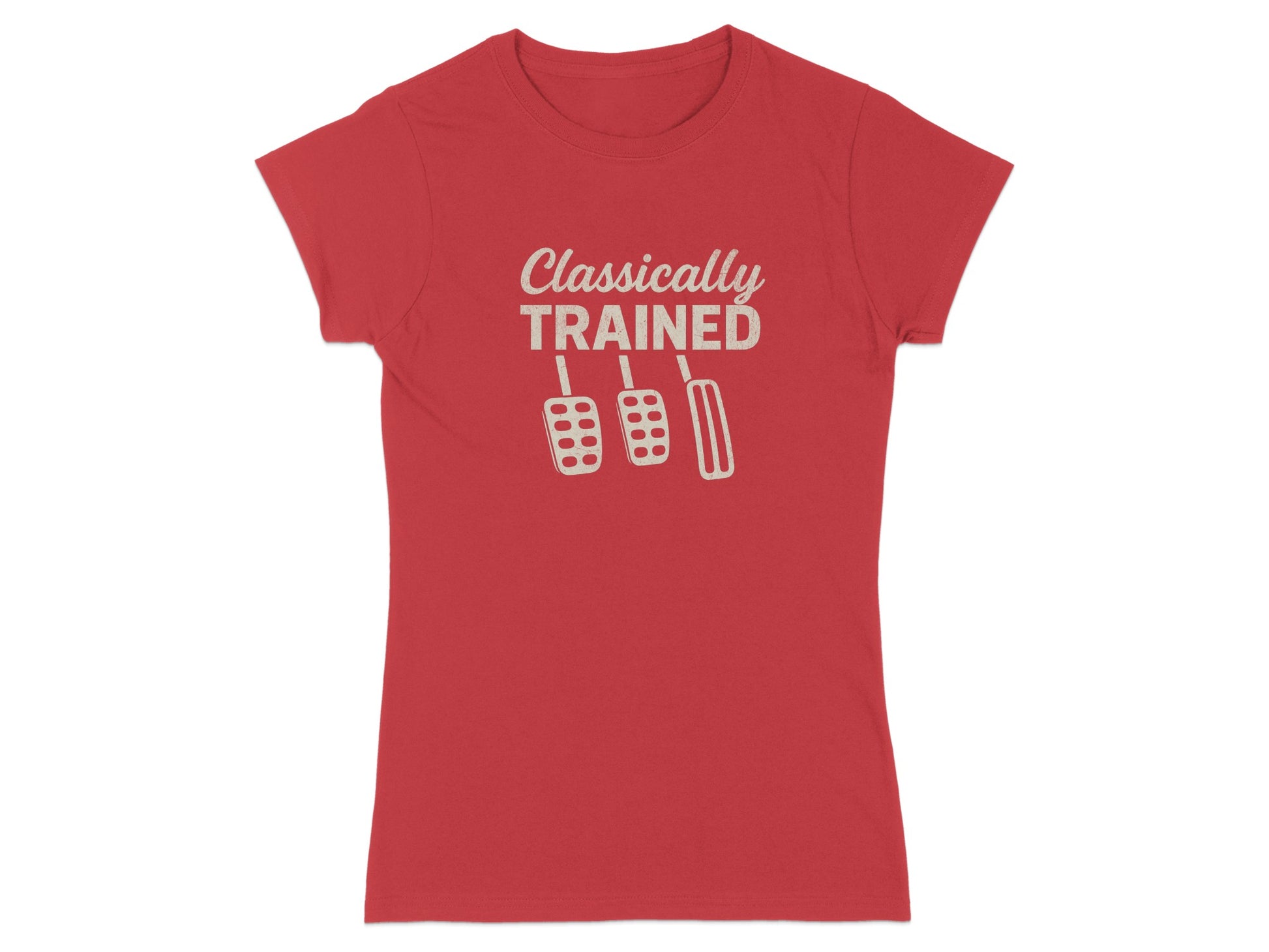 Red t-shirt with "Classically Trained" and pedal graphic.
