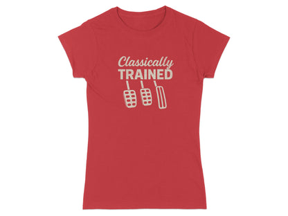 Red t-shirt with "Classically Trained" and pedal graphic.