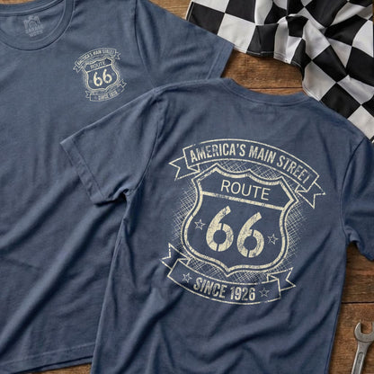 Blue t-shirt featuring a distressed Route 66 logo with "America's Main Street" and "Since 1926".