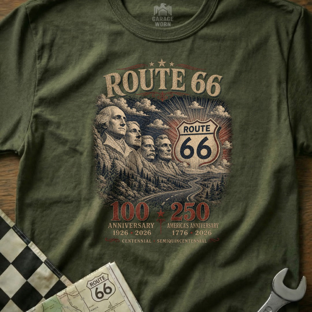 Route 66 graphic tee featuring Mount Rushmore and anniversary years 1926-2026.