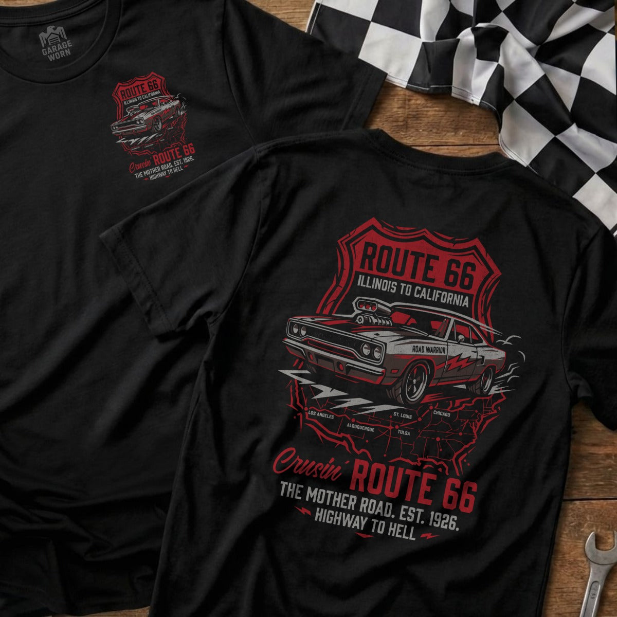 Route 66 graphic t-shirt with classic car and map of iconic cities.