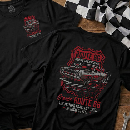 Route 66 graphic t-shirt with classic car and map of iconic cities.