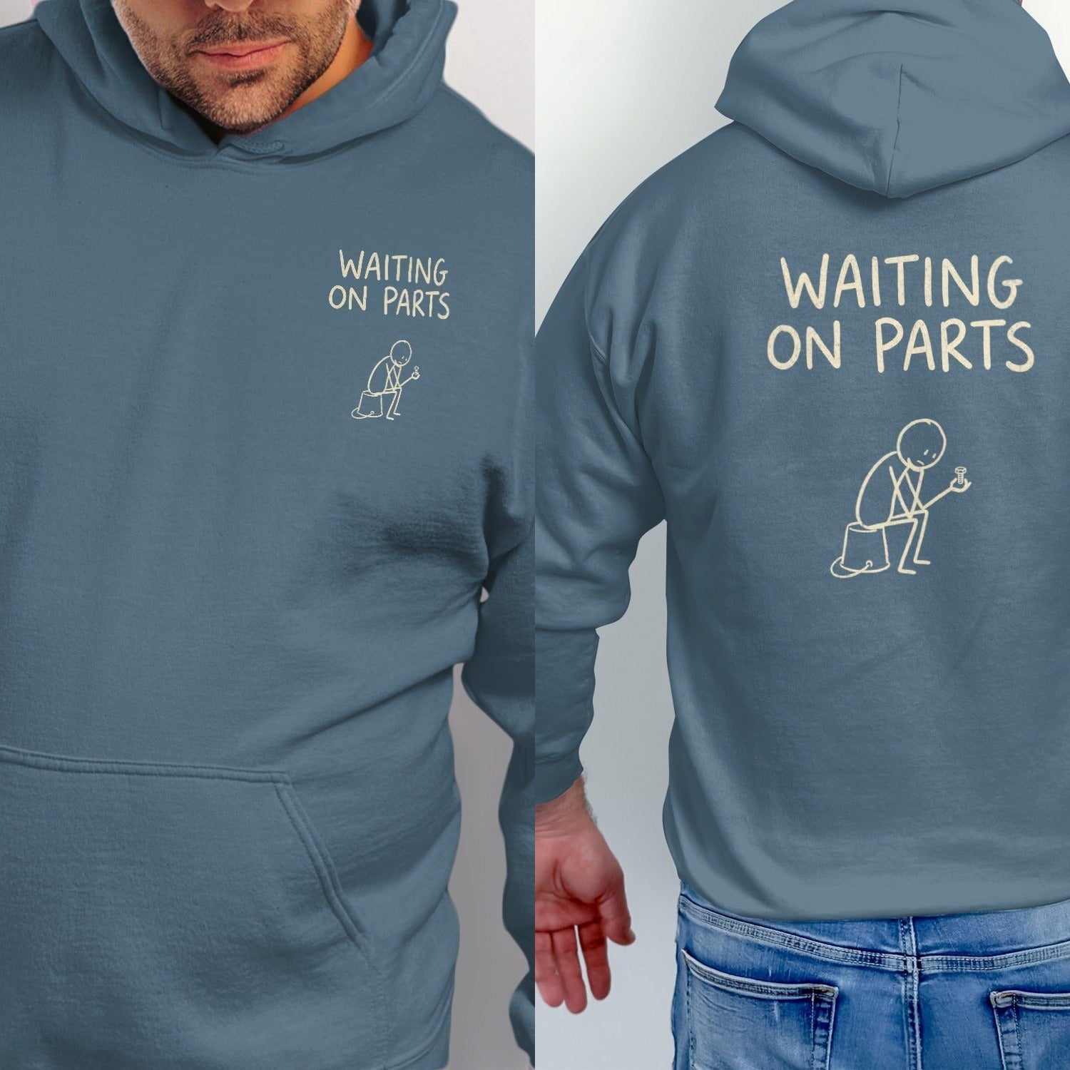 Blue hoodie with "WAITING ON PARTS" text and a cartoon figure holding a bolt.